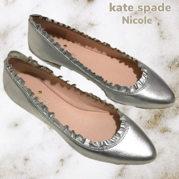 NIB $198 kate spade | Nicole | Ruffle Trim Leather Flats |Slip Ons in Silver - Picture 12 of 12